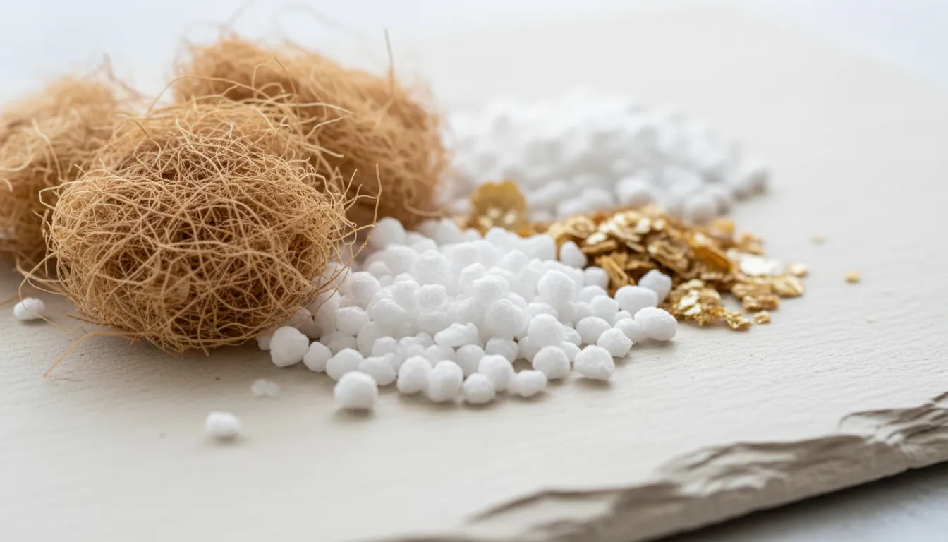 Macro view of brown coco coir, white perlite, and golden vermiculite flakes, highlighting their different textures and forms as potting mix components