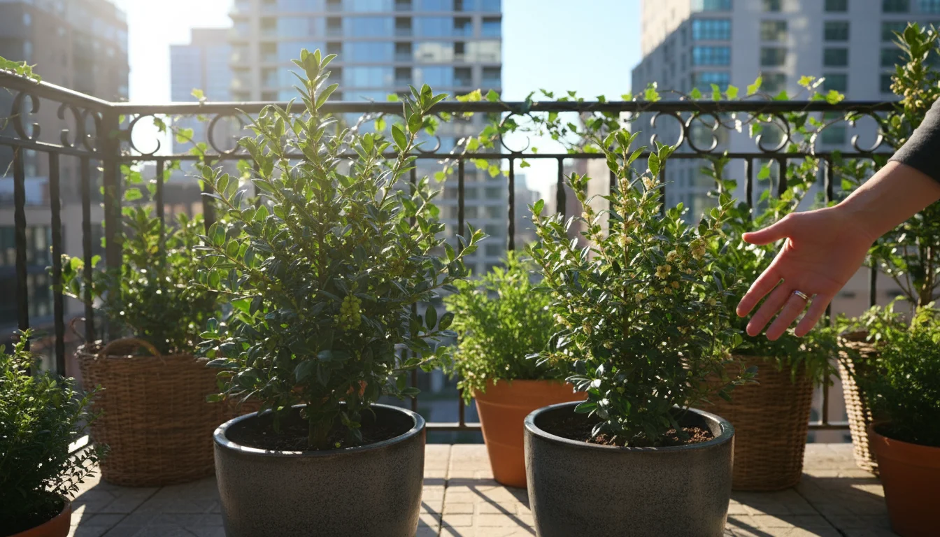 Male and female winterberry holly plants in large grey containers on a sunny balcony, placed closely together.