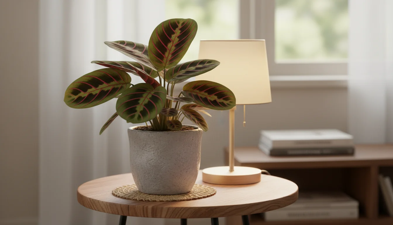 A Maranta leuconeura (Prayer Plant) with leaves gently folding upwards, in a ceramic pot on a small wooden table bathed in soft lamp light.