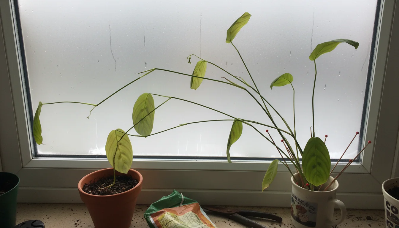 A Maranta 'Red Vein' houseplant on a windowsill showing pale, elongated stems and sparse, small leaves reaching for faint winter light.