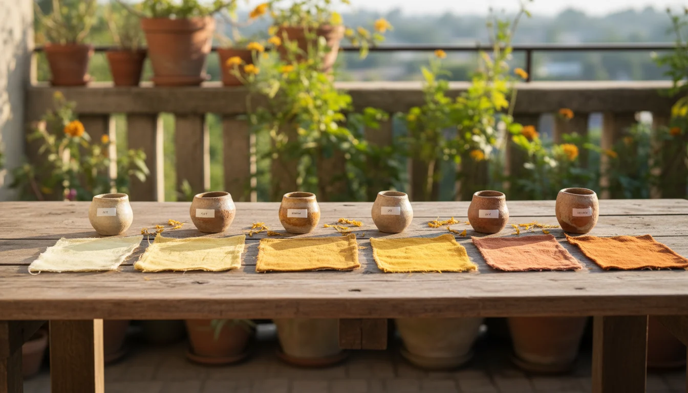 Marigold-dyed cotton fabric swatches in varying shades of yellow and orange displayed on a wooden balcony table, with small empty modifier bowls.