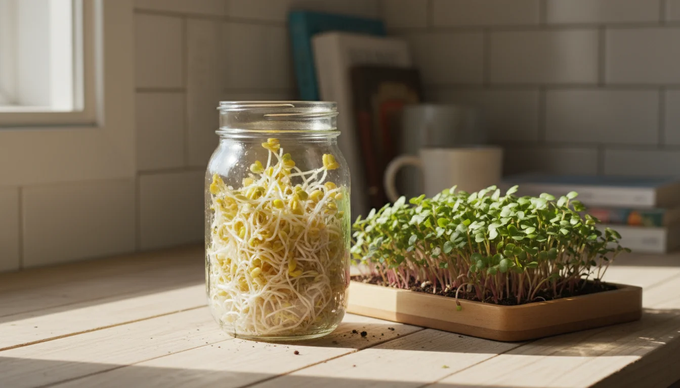 A mason jar of alfalfa sprouts next to a wooden tray of radish microgreens on a kitchen counter, both brightly lit.