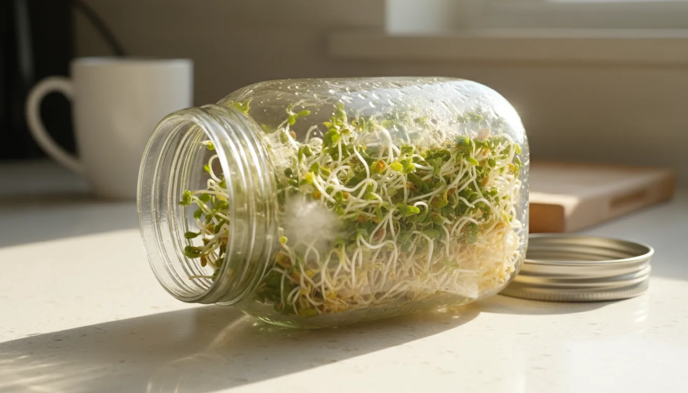 Clear mason jar on kitchen counter with alfalfa sprouts showing slight discoloration and faint white mold.