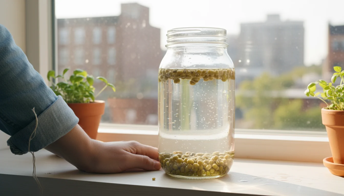 A clear mason jar with soaking mung beans sits on a sunlit kitchen windowsill. A hand with a rolled-up sleeve is near the jar, with urban plants visib