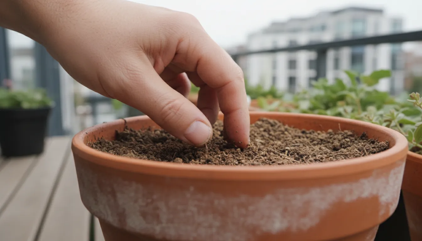 A person's fingers test the soil moisture in a container plant on a balcony, checking for dryness as a gardening habit.