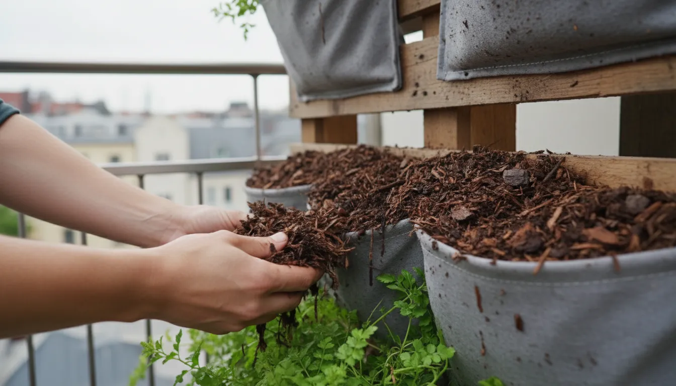 Hands applying shredded bark mulch to a vertical garden pocket, showcasing the material and its use to retain soil moisture.