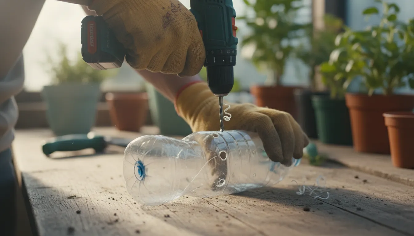 A person's hands hold a small power drill against a clear plastic soda bottle, creating drainage holes for repurposing as a vertical planter. The bott