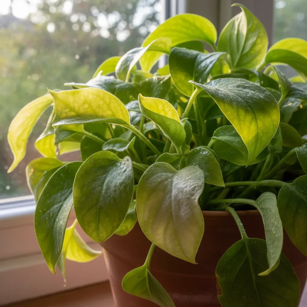 A close-up view of densely packed plant leaves in a pot, some showing yellow discoloration and white powdery mildew due to lack of air circulation.