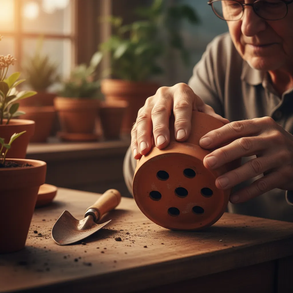 Close-up of a senior gardener's hands checking drainage holes on a terracotta pot, a hand trowel resting nearby, bathed in soft evening lamp light.