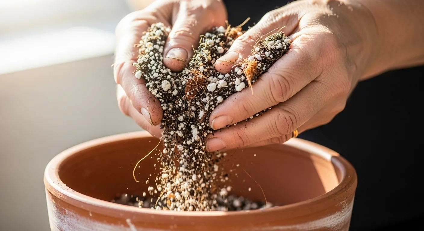 Close up of senior hands sifting lightweight potting mix, clearly showing perlite and coco coir components.