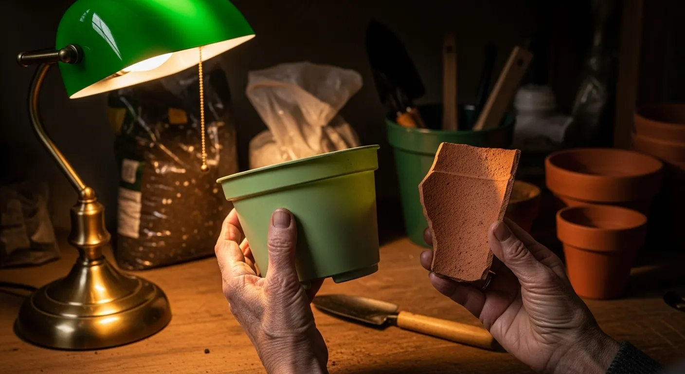 A senior hand holds a lightweight plastic pot, with a broken terracotta piece next to it on a wooden surface, under soft lamp light.
