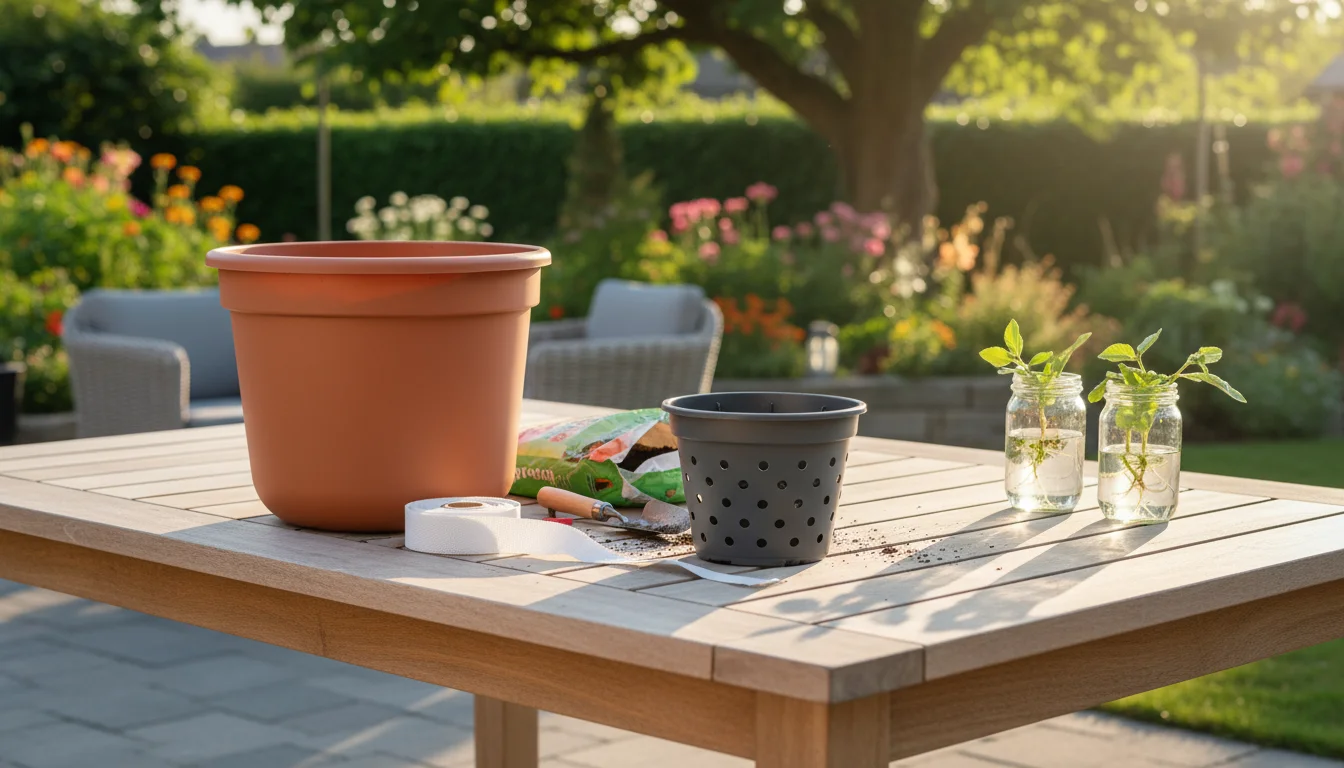 Materials for a DIY self-watering planter arranged on a wooden patio table, including two pots, wicking material, potting mix, a basil plant, and tool