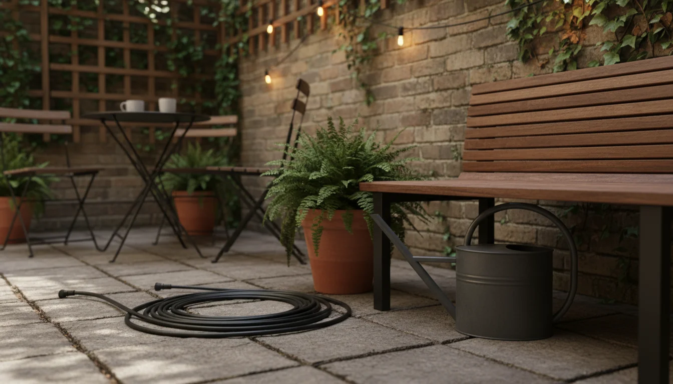 Matte grey watering can stored upside down under a slatted wooden bench in a shaded patio corner with a fern and coiled hose.