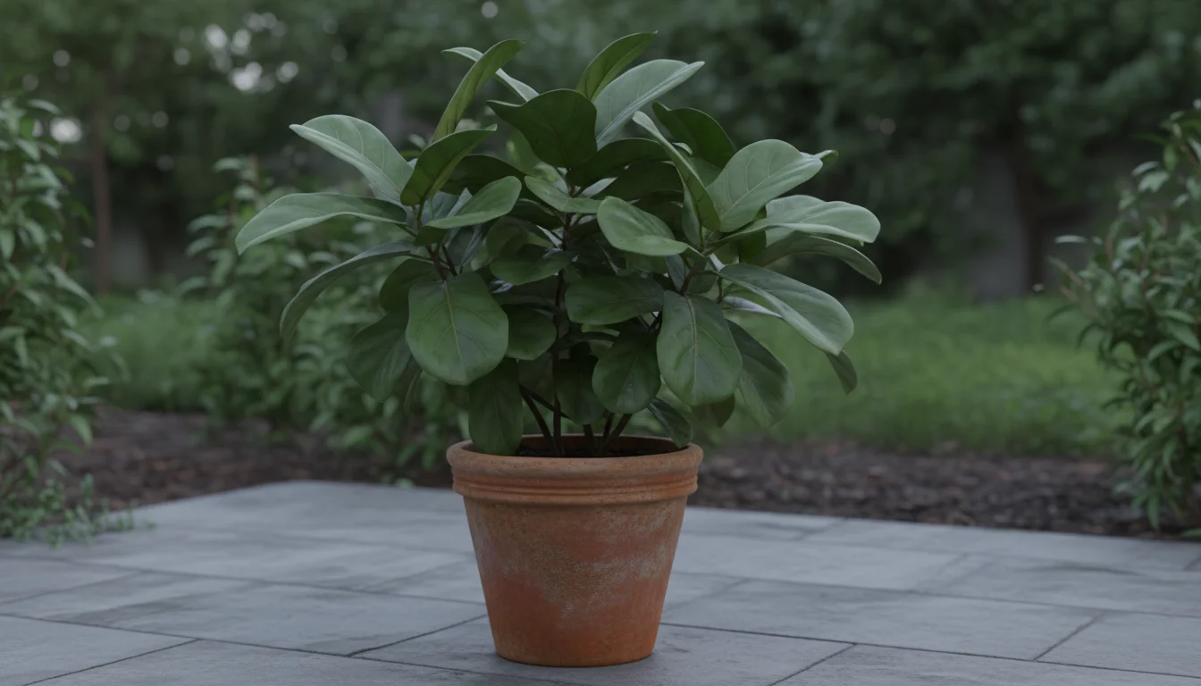 A mature fiddle leaf fig in a terracotta pot on a stone patio under muted light. Hands holding a warm mug rest gently on the pot, observing.