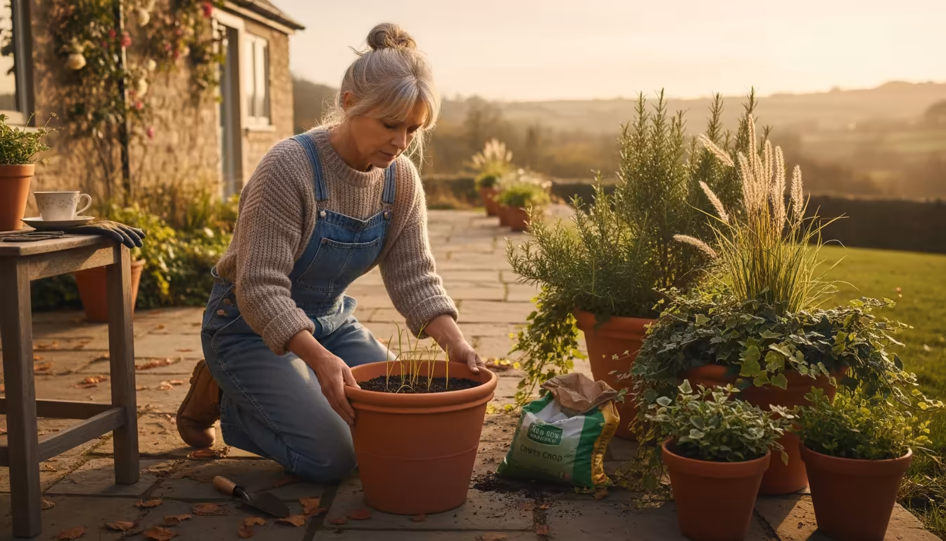 Mature gardener examines sparse, late-planted cover crop in a terracotta pot on a cozy patio, bathed in warm autumn sunlight.