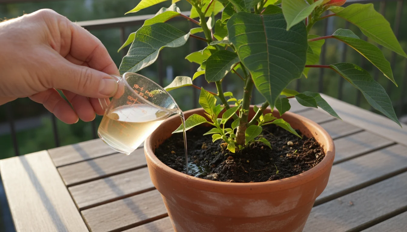 Mature hand fertilizing a Poinsettia with new green growth in a terracotta pot on a wooden balcony table.
