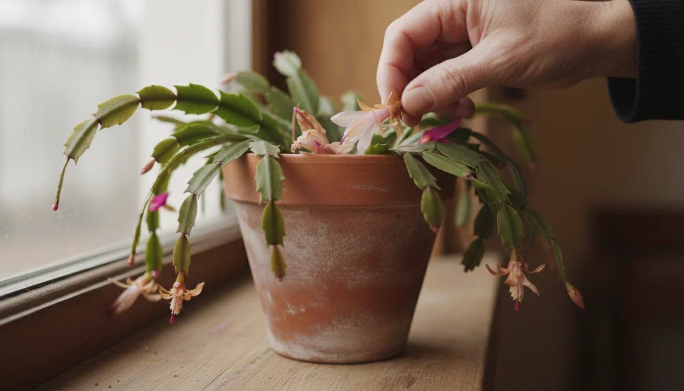 A mature hand gently twists off a faded, shriveled bloom from a Christmas cactus in a terracotta pot, signifying post-bloom rest.