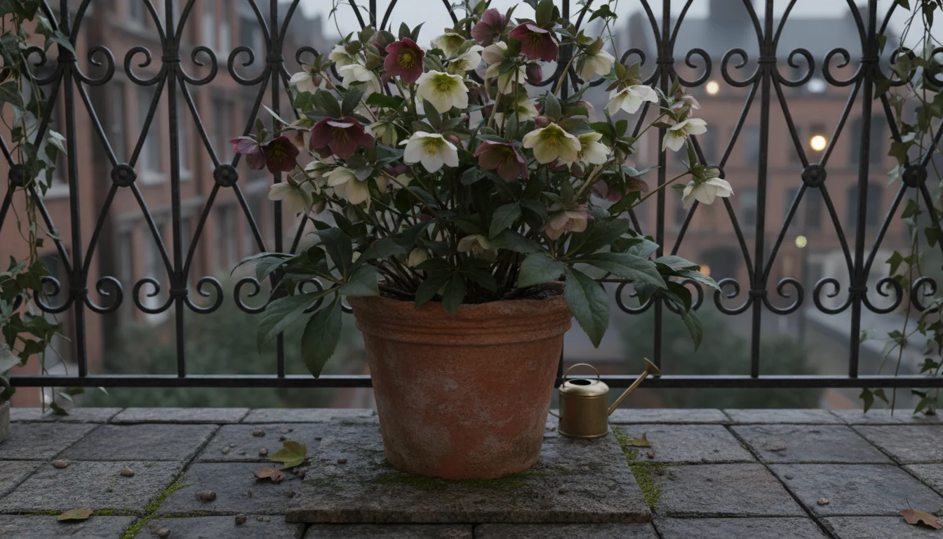 Mature hellebore plant with dark green, leathery foliage in a large terracotta pot on a shaded urban balcony.