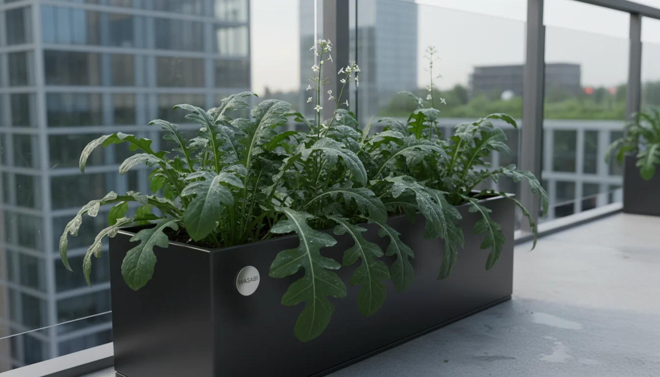 Mature wasabi arugula with serrated leaves, in a grey window box on a balcony, showing dew drops, ready for harvest.