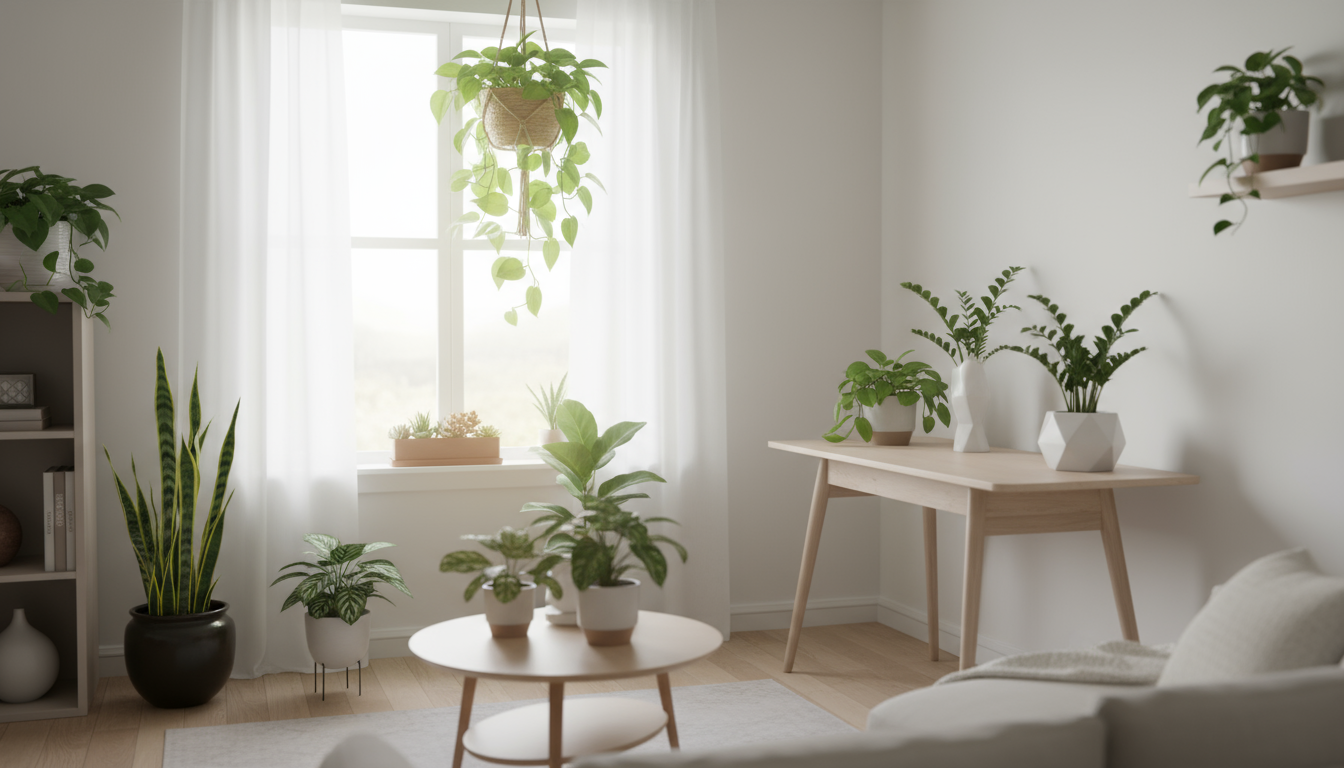 Person kneeling by a window, observing small potted plants and a grow light in a cozy winter indoor setting.