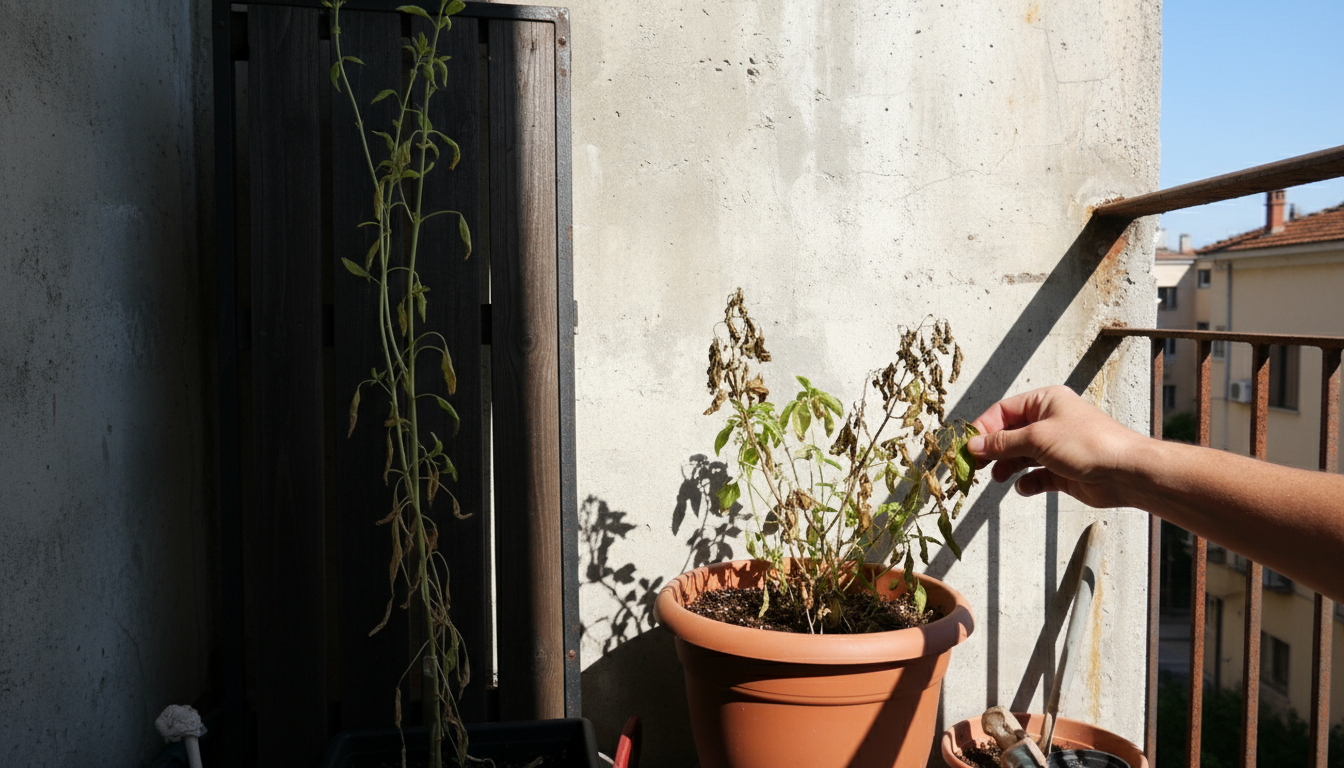A gardener's hand inspects sun-scorched basil on a bright balcony, contrasting with pale, leggy plants in a nearby shaded vertical planter.