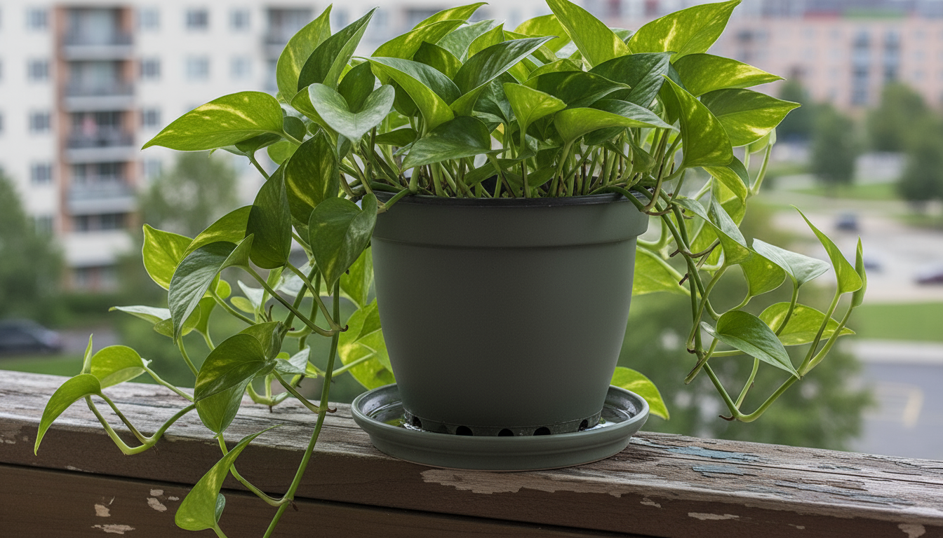 Thoughtfully spaced houseplants on a tiered stand and shelf in a bright room, with a sheer white curtain gently billowing from an open window.