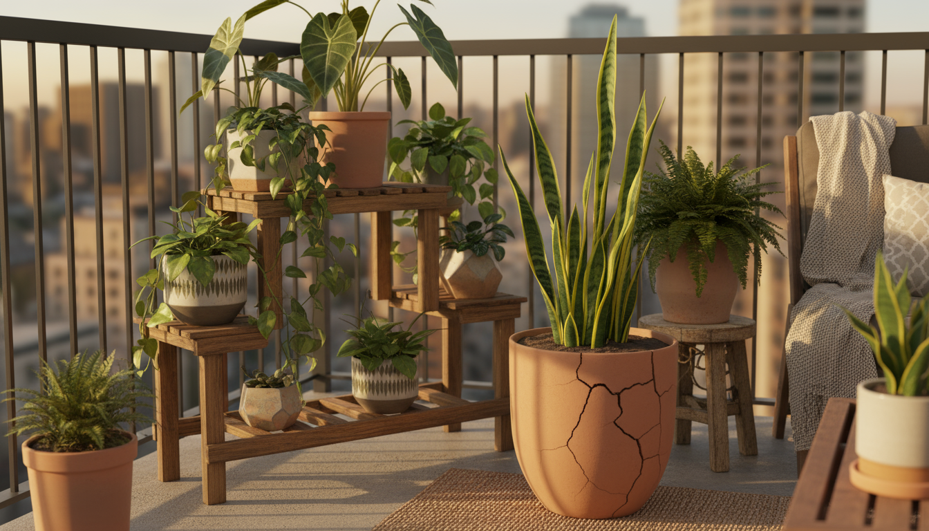 Hands gently probing soil in a terracotta pot and turning a yellowing leaf to inspect for pests on a patio plant.