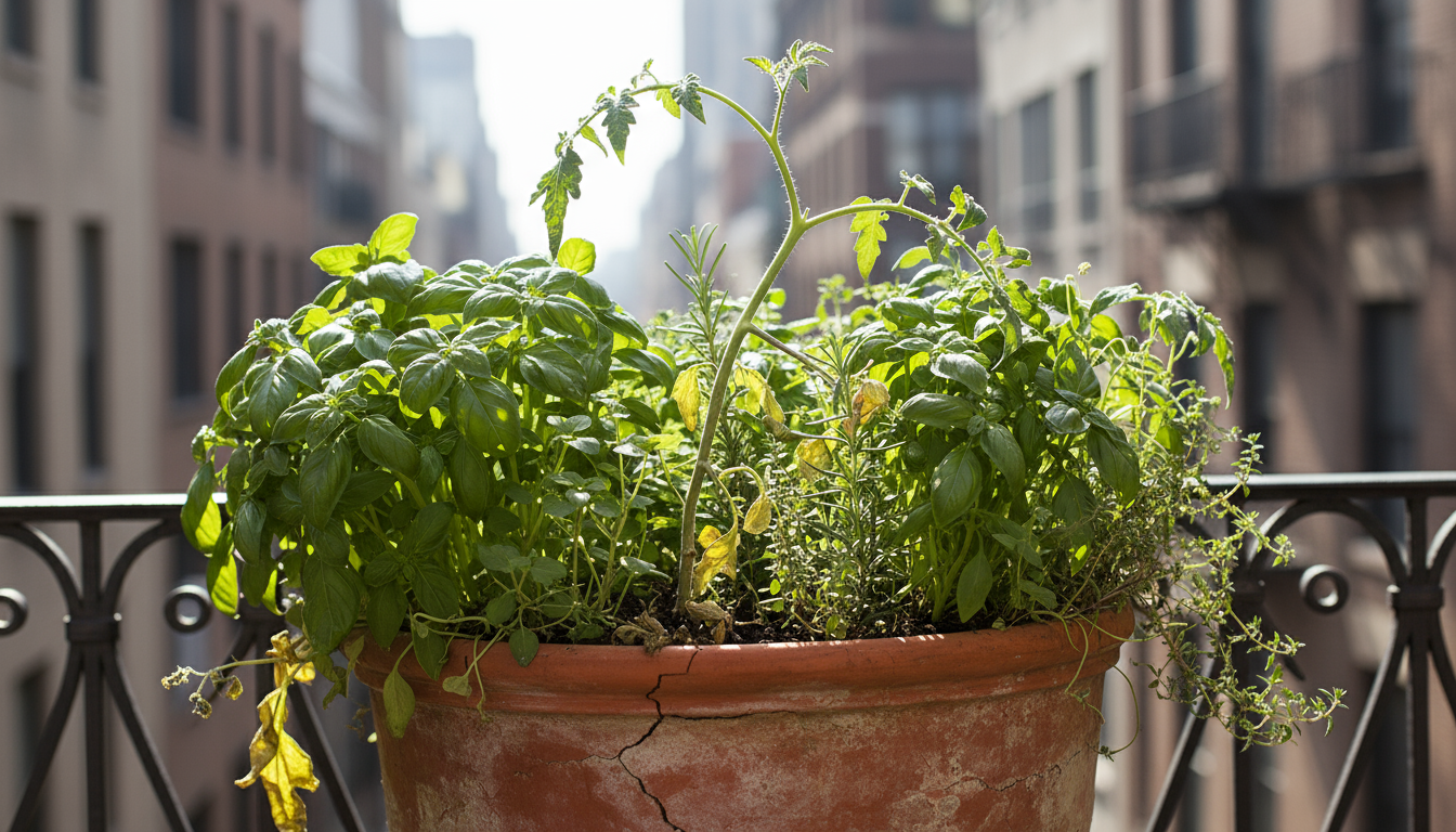 Close-up of pest-damaged kale and cabbage plants growing too close in narrow balcony planters, with a green cabbage worm visible on a kale leaf.