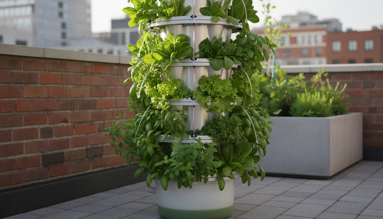 Medium-close shot of a modern vertical hydroponic tower on an urban patio, lush with leafy greens and herbs, visible water tubes and plant roots.