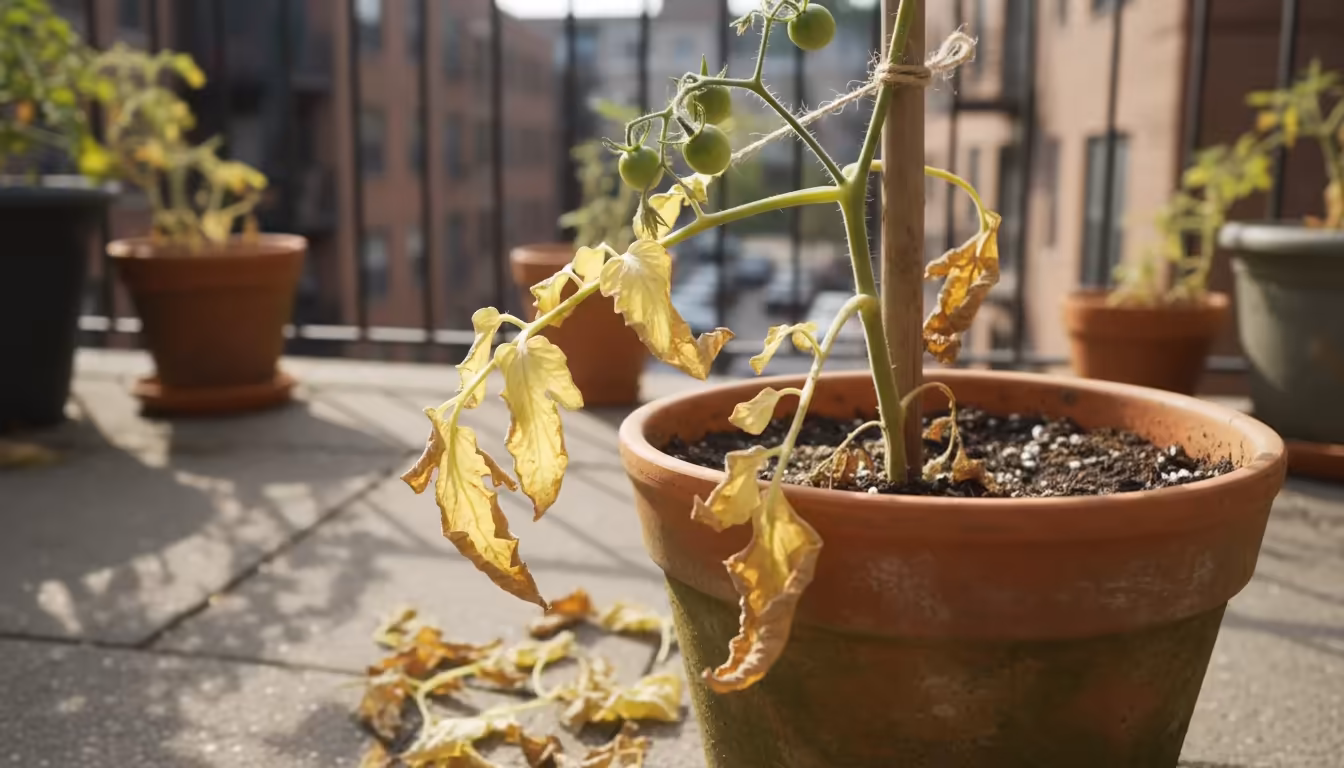 Medium-close view of a potted tomato plant on an urban patio with yellowing, droopy lower leaves and dry edges, indicating nutrient deficiency.