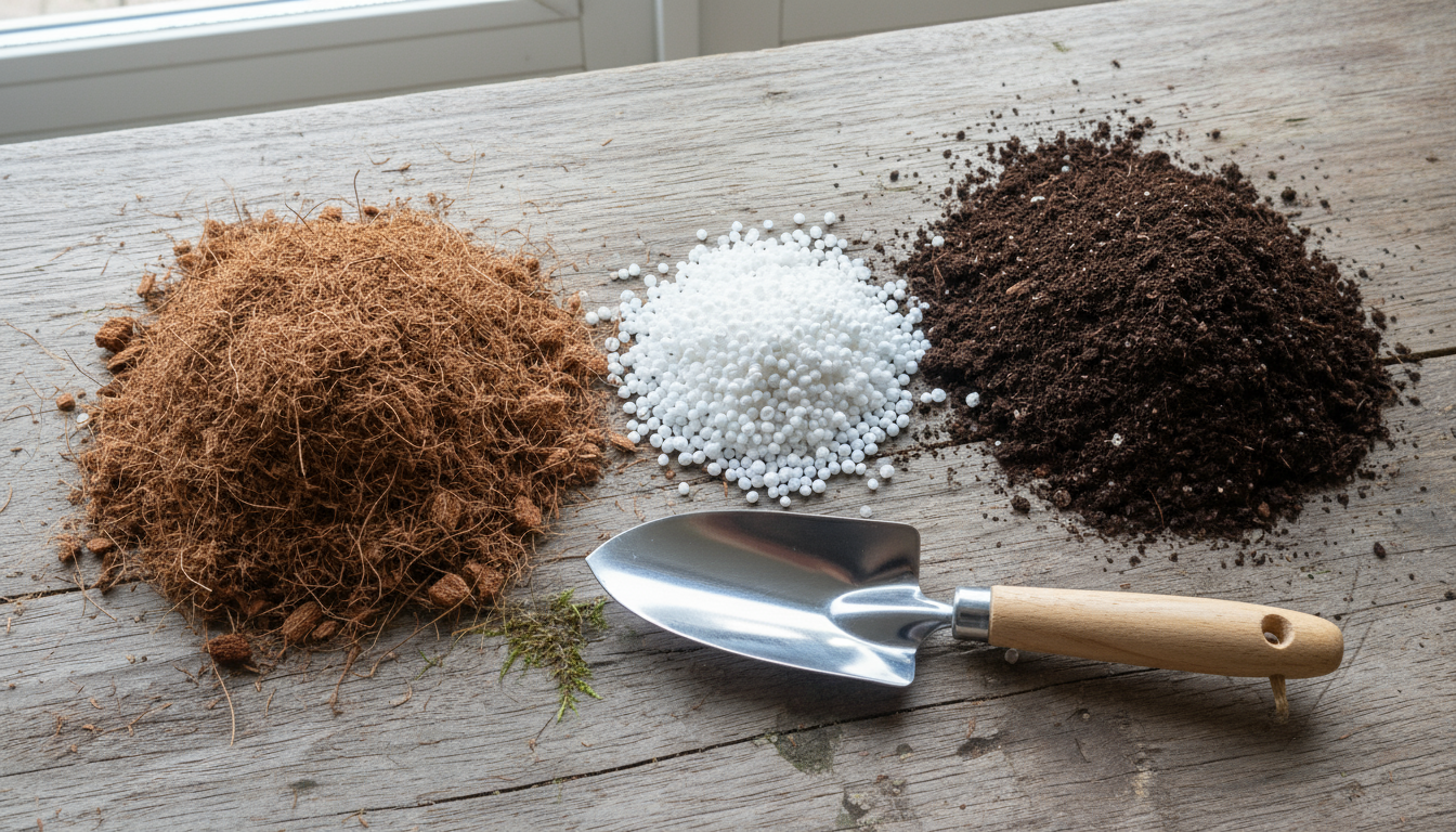 Hands pouring liquid fertilizer from a measuring cup into a terracotta pot with a lush tomato plant on a balcony railing.