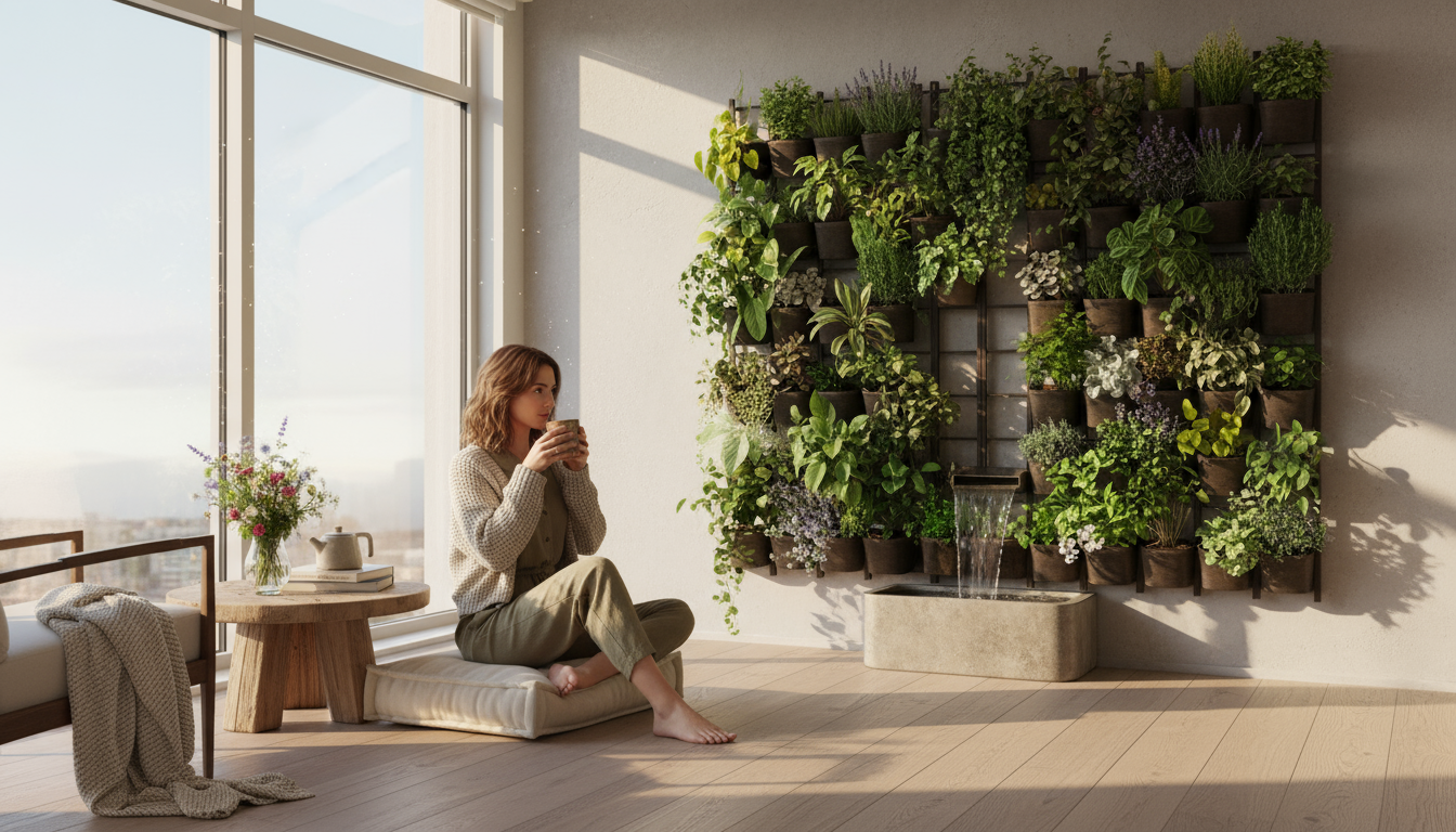 Close-up of hands gently planting a small leafy herb into a fabric pocket of a vertical garden on an urban balcony.