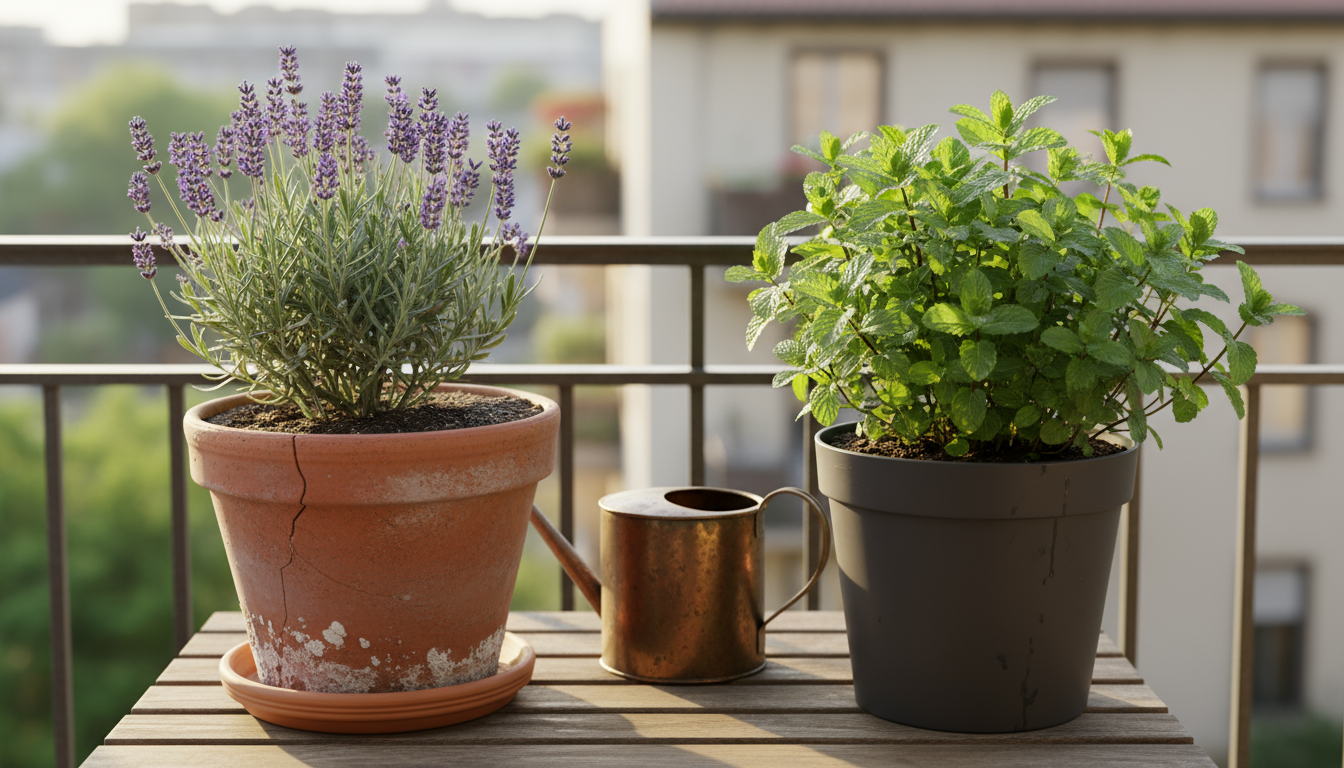 A person's hand with garden snips harvests fresh basil from a diverse collection of potted herbs on a small wooden patio table.