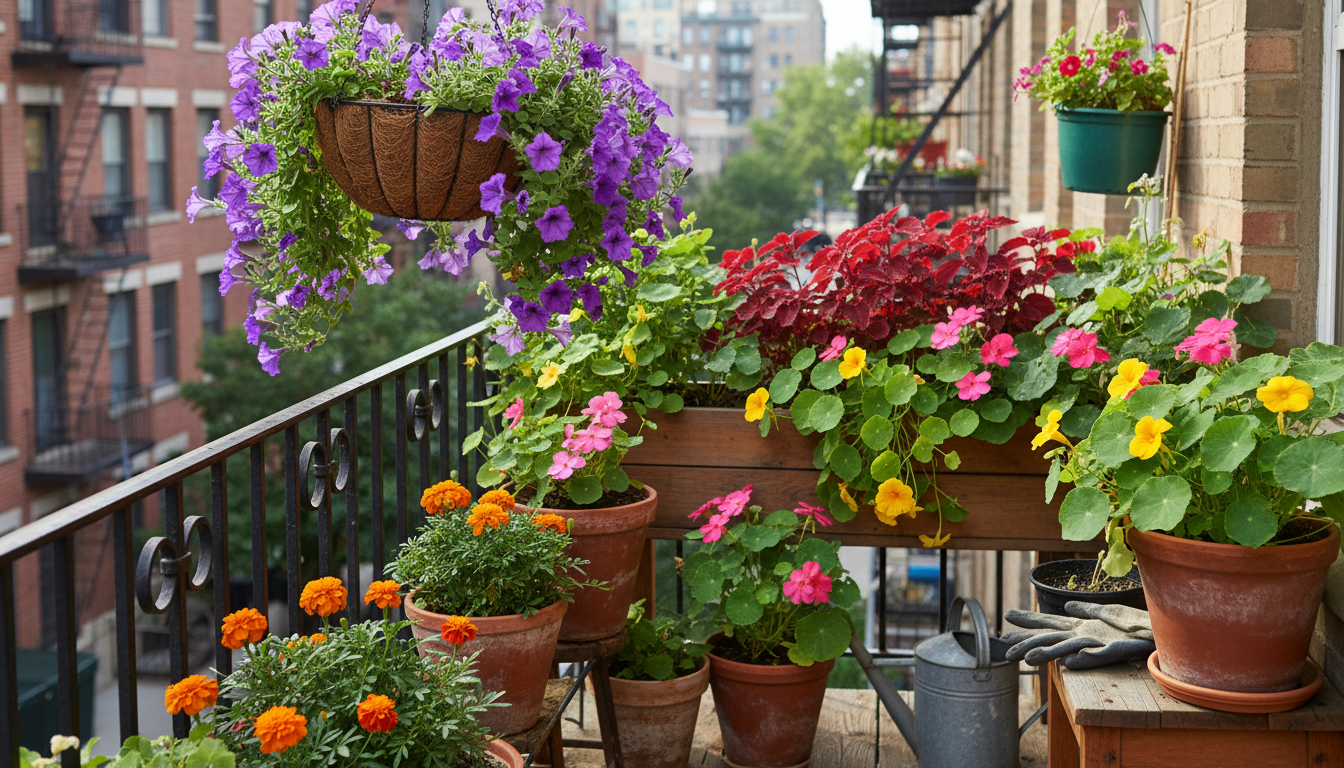 A person's hand gently tests the soil moisture of a lush basil plant in a terracotta pot on a sunlit balcony, with other container plants nearby.
