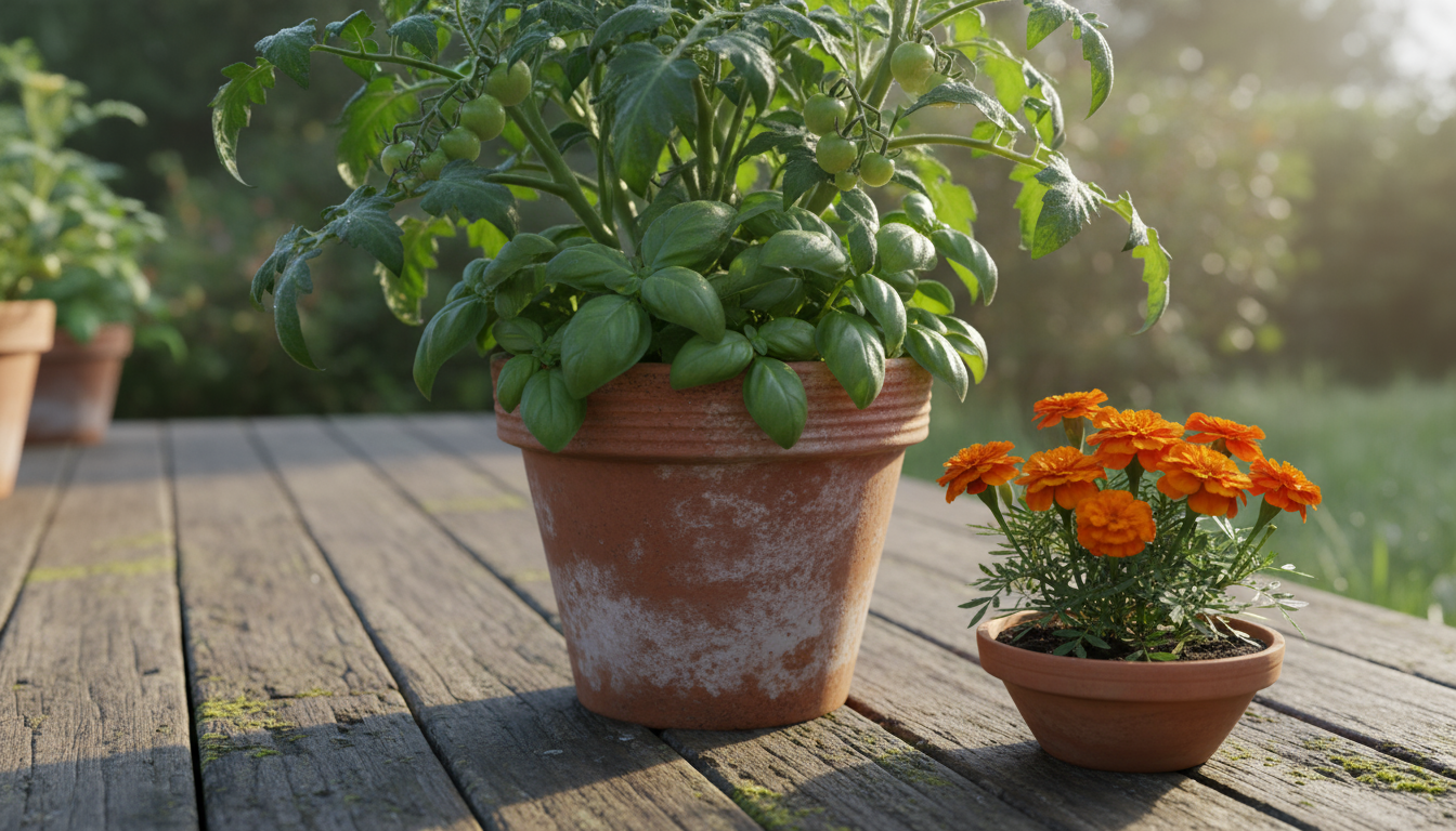 A small tomato plant and a basil plant growing together in a large terracotta pot, with a vibrant French marigold in a nearby pot on a wooden patio.