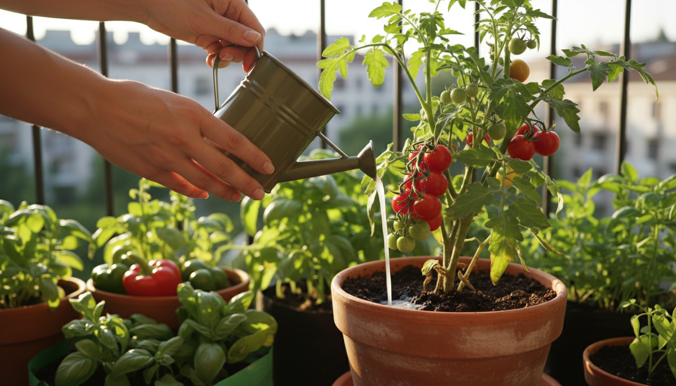 A person's hand examines yellowing leaves on a potted tomato plant, showing nutrient deficiency on a wooden patio.