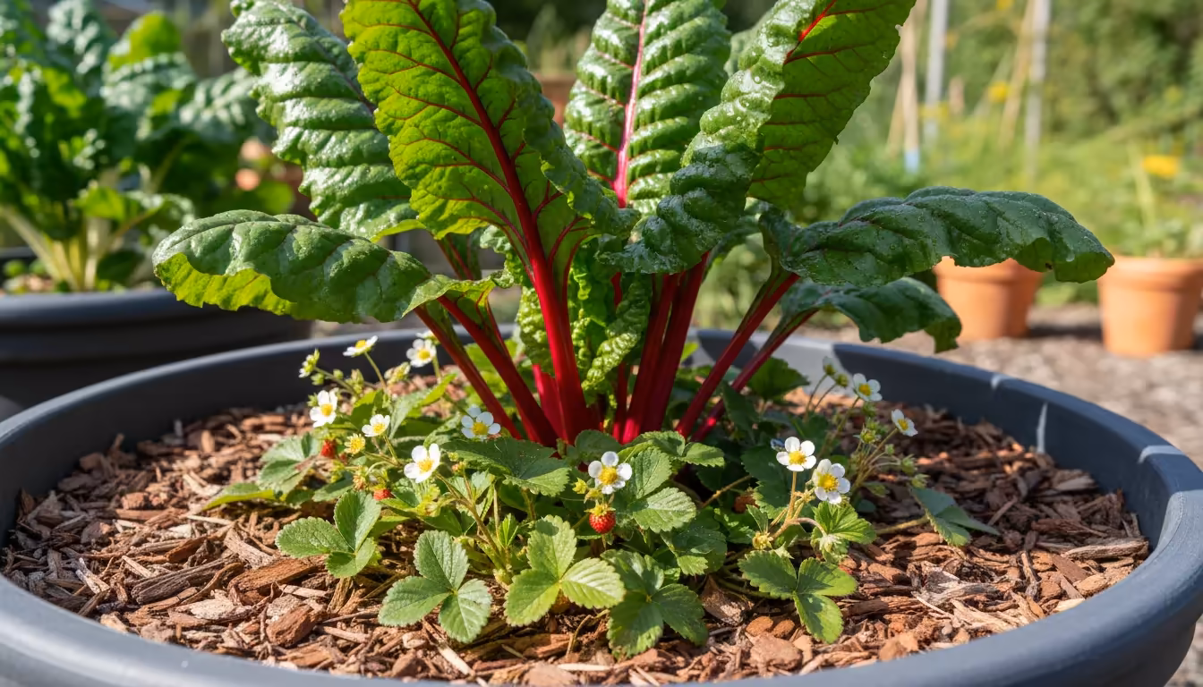 Medium-close shot of a vibrant Swiss chard plant growing in a dark grey pot, with lush alpine strawberries or creeping thyme as a living mulch at its