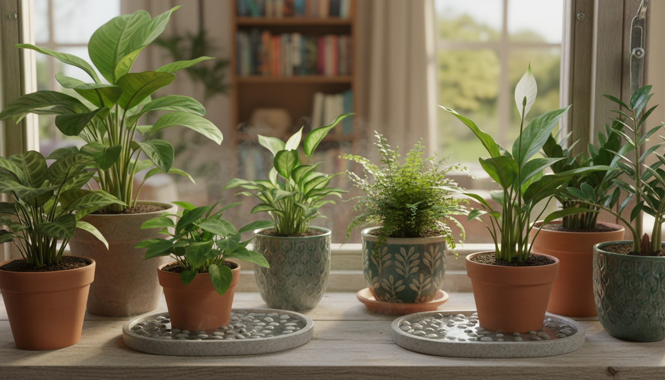 Grouped low-light indoor plants on a wooden windowsill, some on pebble trays, with a sheer curtain gently moving at an open window.