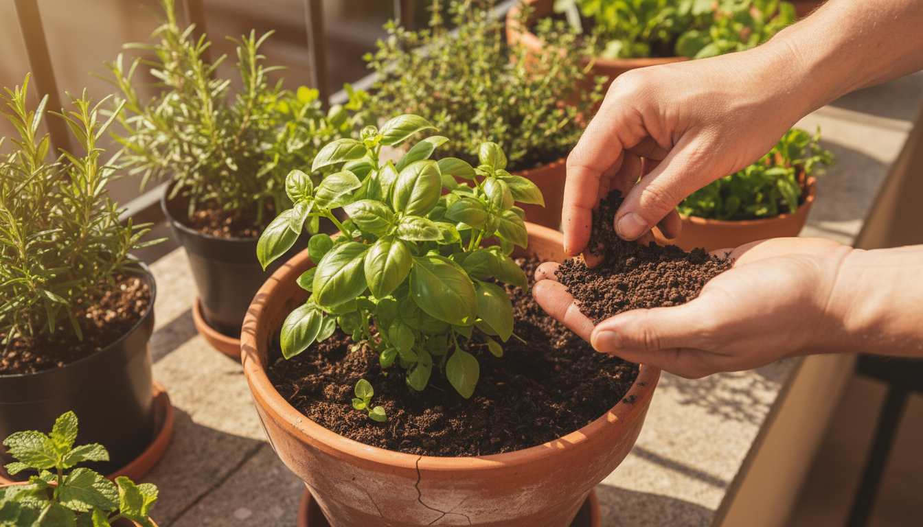Woman on a sunny patio thoughtfully views her compact DIY worm bin, surrounded by potted herbs and flowers on a wooden bench.