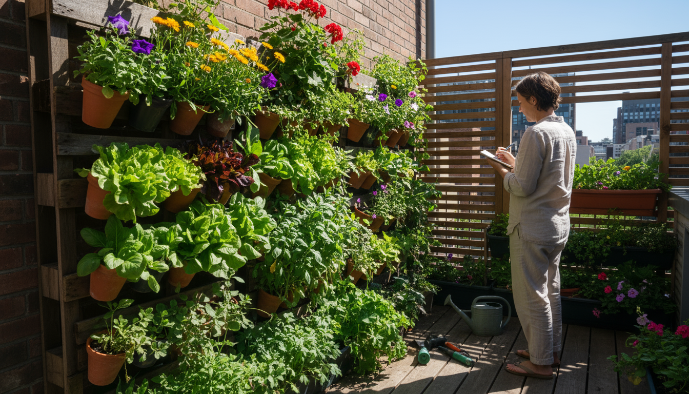 A vibrant fabric vertical garden on a sunny apartment balcony, featuring healthy edible plants and a ladybug on a basil leaf.