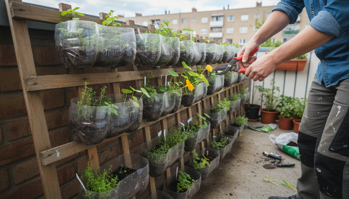 Person carefully bringing a compact vertical garden planter from a frosty urban balcony into a warm apartment living room.