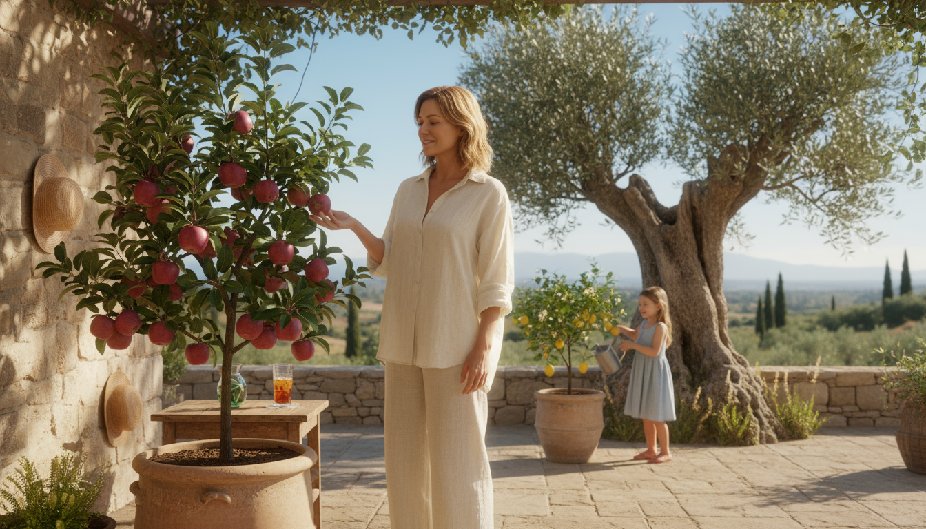 A person on a sunny balcony holds a freshly picked, ripe blush peach from a dwarf tree in a terracotta pot, with other containers visible.