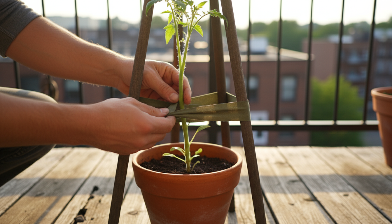 Gloved hands mist organic pest solution onto leafy greens in a ceramic pot on a patio, demonstrating proactive care.