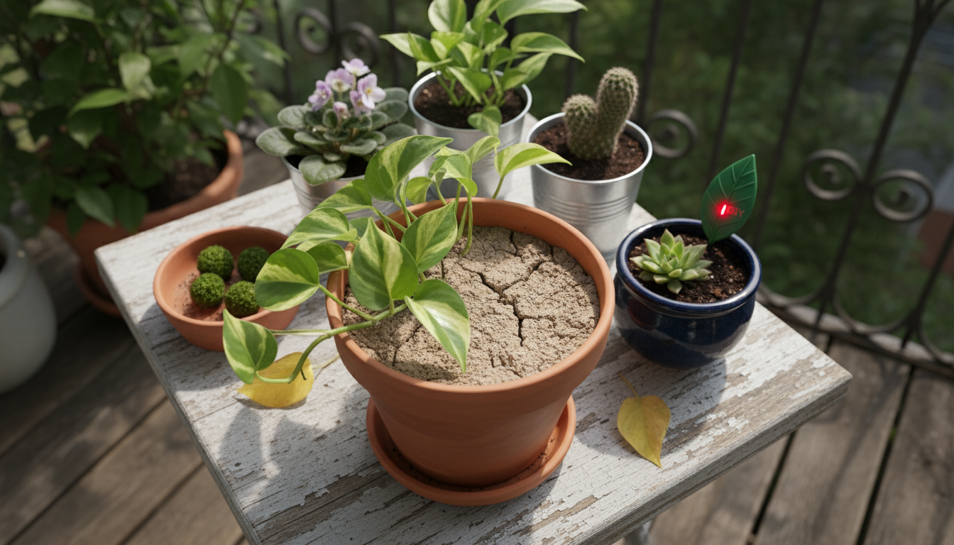 A person waters a vibrant Calathea plant, illuminated by diffused summer light through sheer curtains. Other container plants and a fertilizer bottle 