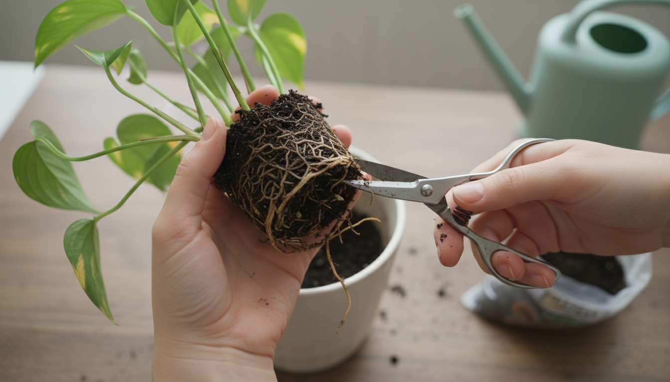 A Pothos plant, newly repotted in a ceramic pot, sits on a light wood stand in a corner with soft, indirect sunlight. Some leaves show subtle stress.