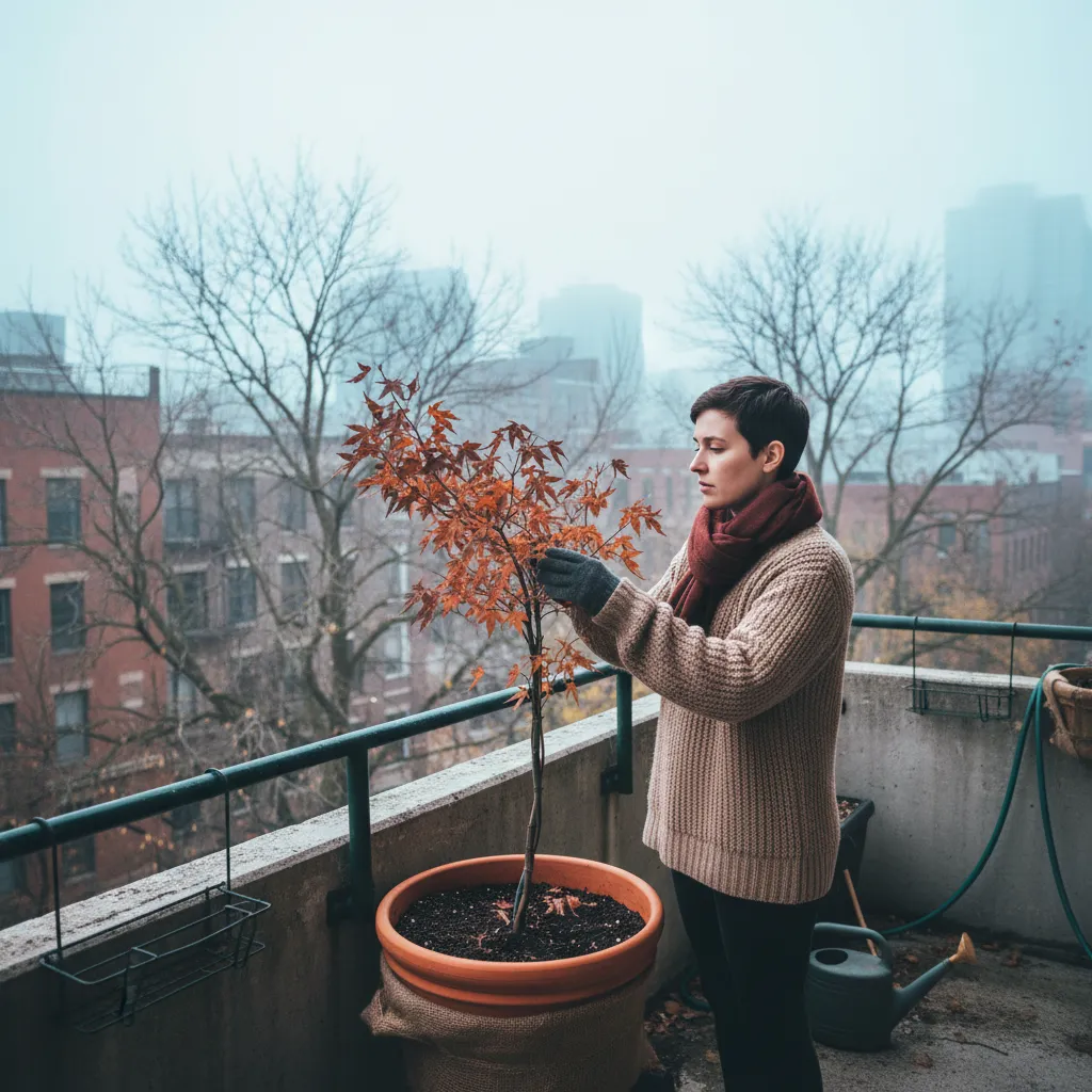 A gardener on a balcony examines a container plant in cool morning light, considering its vulnerability to winter conditions and planning protection.