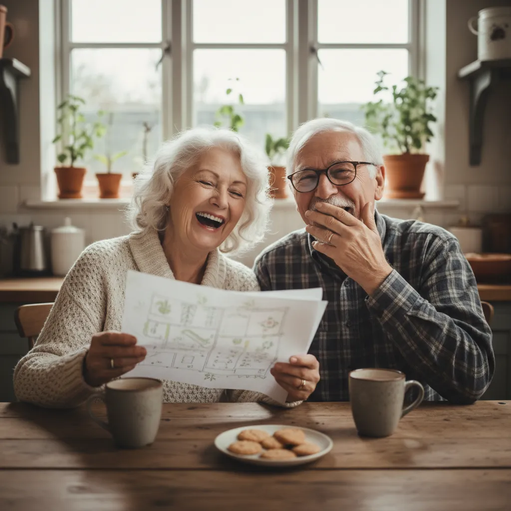 A senior man and woman laugh while looking at a gardening plan document on a kitchen table, lit by soft overcast light.