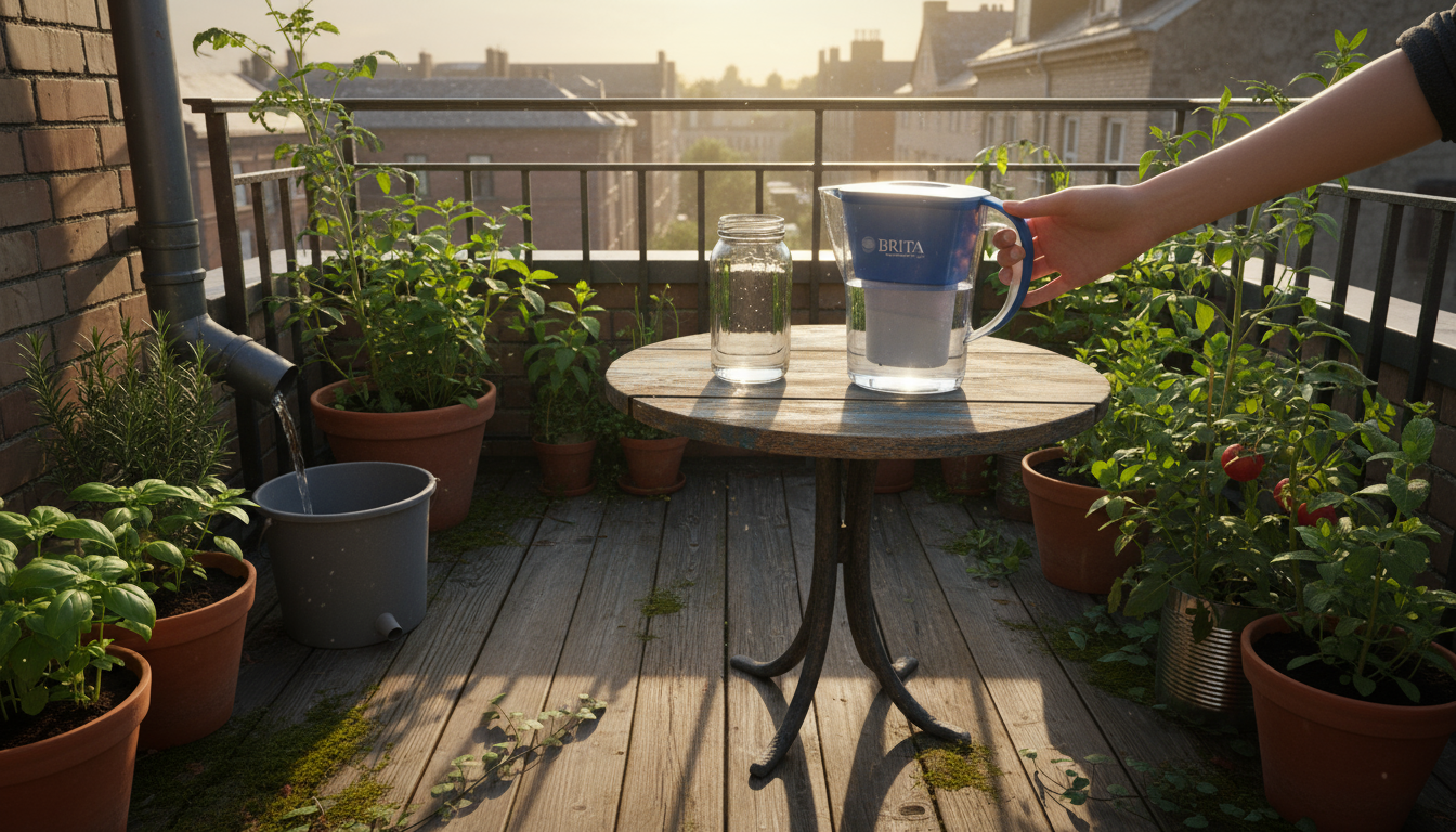 Self-watering pot with inner container lifted, revealing wicking ropes extending into an outer water reservoir on a patio table.