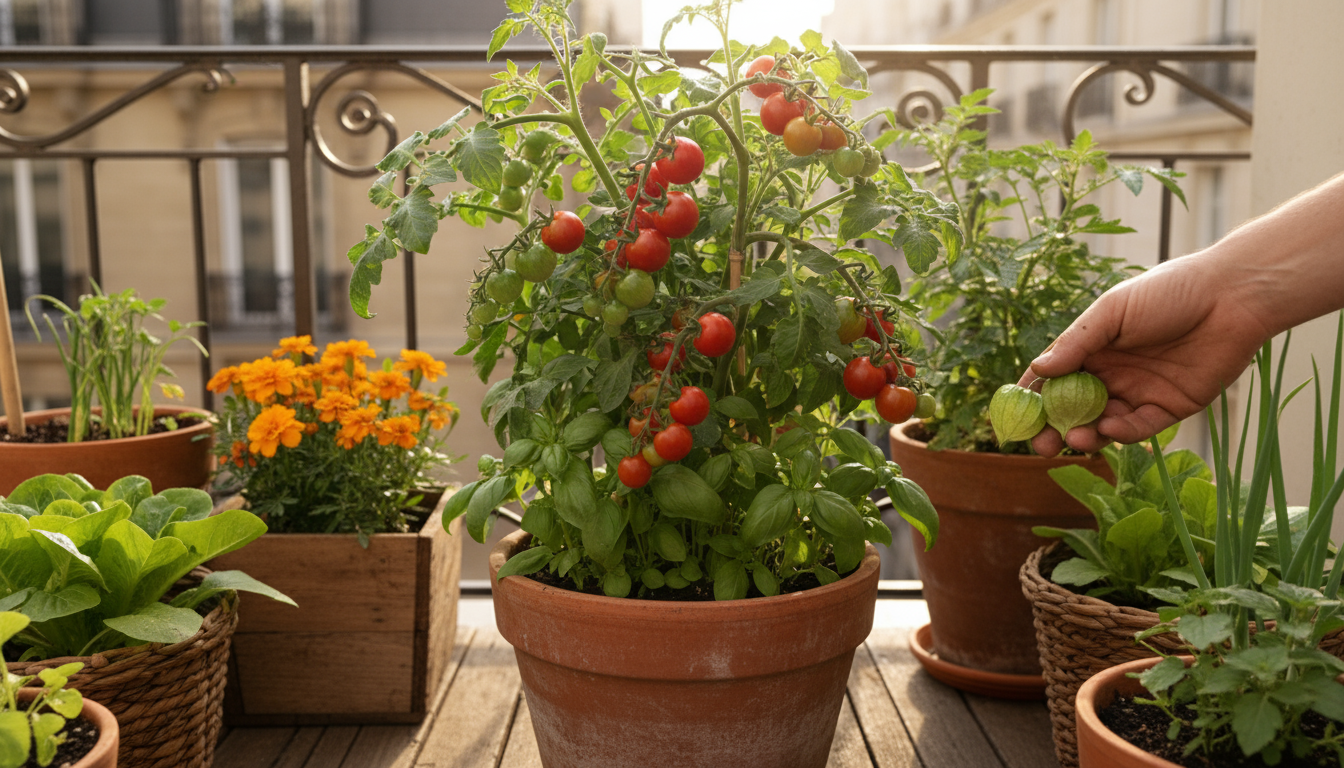 Vibrant nasturtium with aphids next to a healthy bean plant in containers on a patio, with marigolds in background, demonstrating pest management.