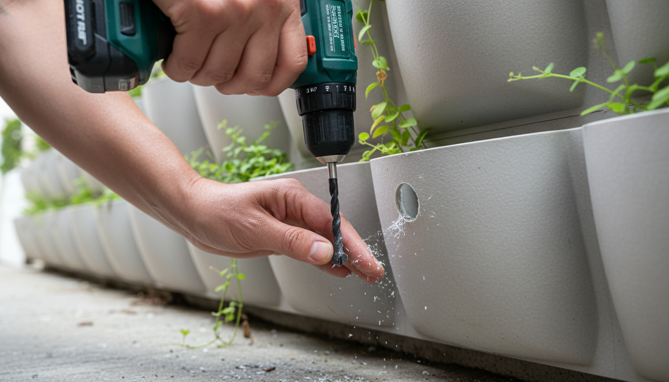 Person painting a clear plastic bottle in a DIY vertical garden with dark, opaque paint to prevent algae growth.